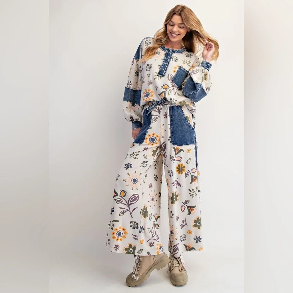 Easel Floral Wide-Leg Pant & Shirt Set - Blue and Cream - Picture 1 of 1